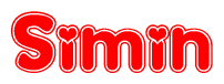 The image is a red and white graphic with the word Simin written in a decorative script. Each letter in  is contained within its own outlined bubble-like shape. Inside each letter, there is a white heart symbol.