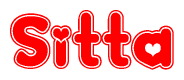 The image is a red and white graphic with the word Sitta written in a decorative script. Each letter in  is contained within its own outlined bubble-like shape. Inside each letter, there is a white heart symbol.