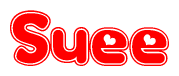 The image displays the word Suee written in a stylized red font with hearts inside the letters.
