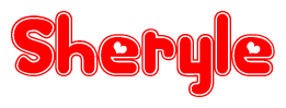 The image is a red and white graphic with the word Sheryle written in a decorative script. Each letter in  is contained within its own outlined bubble-like shape. Inside each letter, there is a white heart symbol.