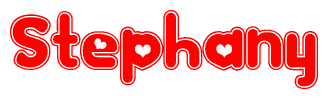 The image is a red and white graphic with the word Stephany written in a decorative script. Each letter in  is contained within its own outlined bubble-like shape. Inside each letter, there is a white heart symbol.