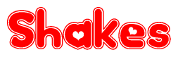 The image is a clipart featuring the word Shakes written in a stylized font with a heart shape replacing inserted into the center of each letter. The color scheme of the text and hearts is red with a light outline.