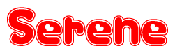 The image is a red and white graphic with the word Serene written in a decorative script. Each letter in  is contained within its own outlined bubble-like shape. Inside each letter, there is a white heart symbol.