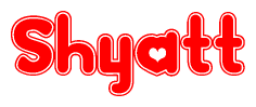The image is a red and white graphic with the word Shyatt written in a decorative script. Each letter in  is contained within its own outlined bubble-like shape. Inside each letter, there is a white heart symbol.