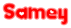 The image is a clipart featuring the word Samey written in a stylized font with a heart shape replacing inserted into the center of each letter. The color scheme of the text and hearts is red with a light outline.