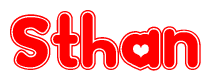 The image displays the word Sthan written in a stylized red font with hearts inside the letters.
