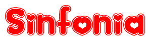 The image is a clipart featuring the word Sinfonia written in a stylized font with a heart shape replacing inserted into the center of each letter. The color scheme of the text and hearts is red with a light outline.
