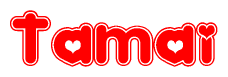 The image is a clipart featuring the word Tamai written in a stylized font with a heart shape replacing inserted into the center of each letter. The color scheme of the text and hearts is red with a light outline.