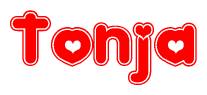 The image is a clipart featuring the word Tonja written in a stylized font with a heart shape replacing inserted into the center of each letter. The color scheme of the text and hearts is red with a light outline.