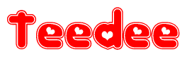 The image is a red and white graphic with the word Teedee written in a decorative script. Each letter in  is contained within its own outlined bubble-like shape. Inside each letter, there is a white heart symbol.