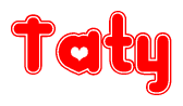 The image is a clipart featuring the word Taty written in a stylized font with a heart shape replacing inserted into the center of each letter. The color scheme of the text and hearts is red with a light outline.