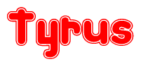 The image is a clipart featuring the word Tyrus written in a stylized font with a heart shape replacing inserted into the center of each letter. The color scheme of the text and hearts is red with a light outline.