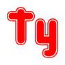 The image is a red and white graphic with the word Ty written in a decorative script. Each letter in  is contained within its own outlined bubble-like shape. Inside each letter, there is a white heart symbol.