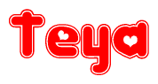 The image is a red and white graphic with the word Teya written in a decorative script. Each letter in  is contained within its own outlined bubble-like shape. Inside each letter, there is a white heart symbol.