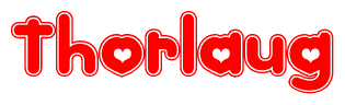 The image is a red and white graphic with the word Thorlaug written in a decorative script. Each letter in  is contained within its own outlined bubble-like shape. Inside each letter, there is a white heart symbol.