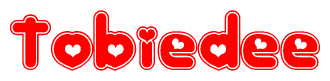The image is a red and white graphic with the word Tobiedee written in a decorative script. Each letter in  is contained within its own outlined bubble-like shape. Inside each letter, there is a white heart symbol.