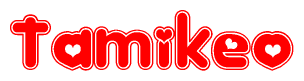 The image is a red and white graphic with the word Tamikeo written in a decorative script. Each letter in  is contained within its own outlined bubble-like shape. Inside each letter, there is a white heart symbol.