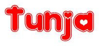 The image is a clipart featuring the word Tunja written in a stylized font with a heart shape replacing inserted into the center of each letter. The color scheme of the text and hearts is red with a light outline.