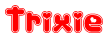 The image is a clipart featuring the word Trixie written in a stylized font with a heart shape replacing inserted into the center of each letter. The color scheme of the text and hearts is red with a light outline.
