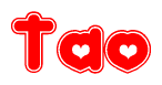 The image is a red and white graphic with the word Tao written in a decorative script. Each letter in  is contained within its own outlined bubble-like shape. Inside each letter, there is a white heart symbol.