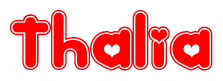   The image is a clipart featuring the word Thalia written in a stylized font with a heart shape replacing inserted into the center of each letter. The color scheme of the text and hearts is red with a light outline. 