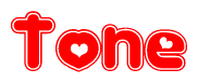 The image displays the word Tone written in a stylized red font with hearts inside the letters.