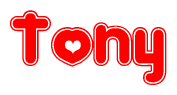 The image is a red and white graphic with the word Tony written in a decorative script. Each letter in  is contained within its own outlined bubble-like shape. Inside each letter, there is a white heart symbol.