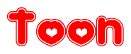 The image is a clipart featuring the word Toon written in a stylized font with a heart shape replacing inserted into the center of each letter. The color scheme of the text and hearts is red with a light outline.