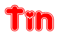 The image is a clipart featuring the word Tin written in a stylized font with a heart shape replacing inserted into the center of each letter. The color scheme of the text and hearts is red with a light outline.