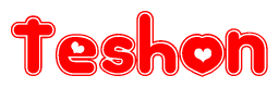 The image is a red and white graphic with the word Teshon written in a decorative script. Each letter in  is contained within its own outlined bubble-like shape. Inside each letter, there is a white heart symbol.