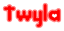 The image is a red and white graphic with the word Twyla written in a decorative script. Each letter in  is contained within its own outlined bubble-like shape. Inside each letter, there is a white heart symbol.
