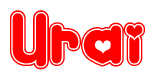 The image is a clipart featuring the word Urai written in a stylized font with a heart shape replacing inserted into the center of each letter. The color scheme of the text and hearts is red with a light outline.