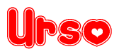 The image is a red and white graphic with the word Urso written in a decorative script. Each letter in  is contained within its own outlined bubble-like shape. Inside each letter, there is a white heart symbol.