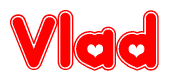 The image is a clipart featuring the word Vlad written in a stylized font with a heart shape replacing inserted into the center of each letter. The color scheme of the text and hearts is red with a light outline.