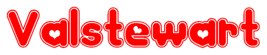 The image is a red and white graphic with the word Valstewart written in a decorative script. Each letter in  is contained within its own outlined bubble-like shape. Inside each letter, there is a white heart symbol.