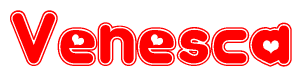 The image is a clipart featuring the word Venesca written in a stylized font with a heart shape replacing inserted into the center of each letter. The color scheme of the text and hearts is red with a light outline.