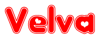 The image is a clipart featuring the word Velva written in a stylized font with a heart shape replacing inserted into the center of each letter. The color scheme of the text and hearts is red with a light outline.
