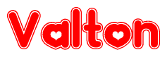 The image is a red and white graphic with the word Valton written in a decorative script. Each letter in  is contained within its own outlined bubble-like shape. Inside each letter, there is a white heart symbol.