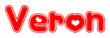 The image is a clipart featuring the word Veron written in a stylized font with a heart shape replacing inserted into the center of each letter. The color scheme of the text and hearts is red with a light outline.