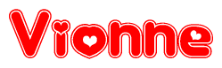 The image is a clipart featuring the word Vionne written in a stylized font with a heart shape replacing inserted into the center of each letter. The color scheme of the text and hearts is red with a light outline.