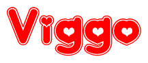 The image is a red and white graphic with the word Viggo written in a decorative script. Each letter in  is contained within its own outlined bubble-like shape. Inside each letter, there is a white heart symbol.