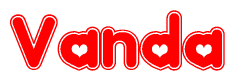 The image is a clipart featuring the word Vanda written in a stylized font with a heart shape replacing inserted into the center of each letter. The color scheme of the text and hearts is red with a light outline.