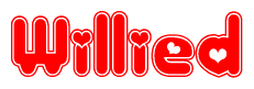 The image displays the word Willied written in a stylized red font with hearts inside the letters.