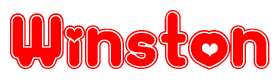 The image is a red and white graphic with the word Winston written in a decorative script. Each letter in  is contained within its own outlined bubble-like shape. Inside each letter, there is a white heart symbol.
