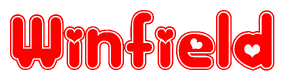 The image is a red and white graphic with the word Winfield written in a decorative script. Each letter in  is contained within its own outlined bubble-like shape. Inside each letter, there is a white heart symbol.