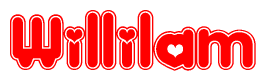 The image is a red and white graphic with the word Willilam written in a decorative script. Each letter in  is contained within its own outlined bubble-like shape. Inside each letter, there is a white heart symbol.