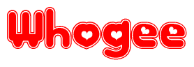The image displays the word Whogee written in a stylized red font with hearts inside the letters.