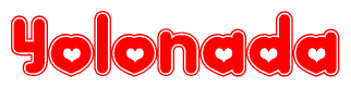 The image is a red and white graphic with the word Yolonada written in a decorative script. Each letter in  is contained within its own outlined bubble-like shape. Inside each letter, there is a white heart symbol.