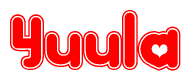 The image is a clipart featuring the word Yuula written in a stylized font with a heart shape replacing inserted into the center of each letter. The color scheme of the text and hearts is red with a light outline.
