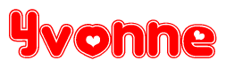 The image is a red and white graphic with the word Yvonne written in a decorative script. Each letter in  is contained within its own outlined bubble-like shape. Inside each letter, there is a white heart symbol.